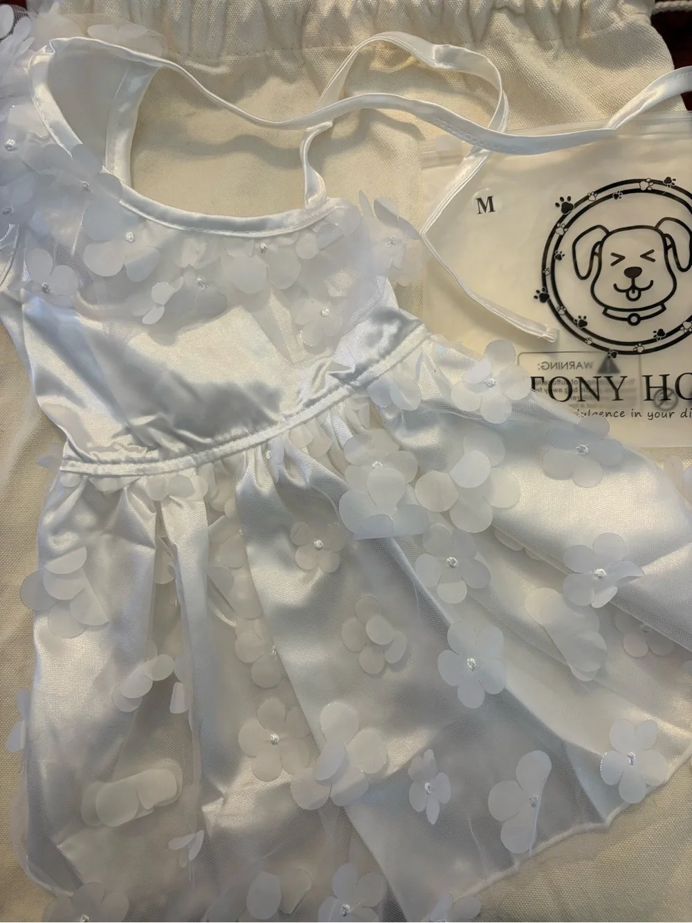 White Floral Appliqué Satin Dress